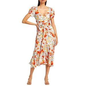 CINQ À SEPT 'Walker' Linework-Floral Midi-Dress,  Ivory Multi